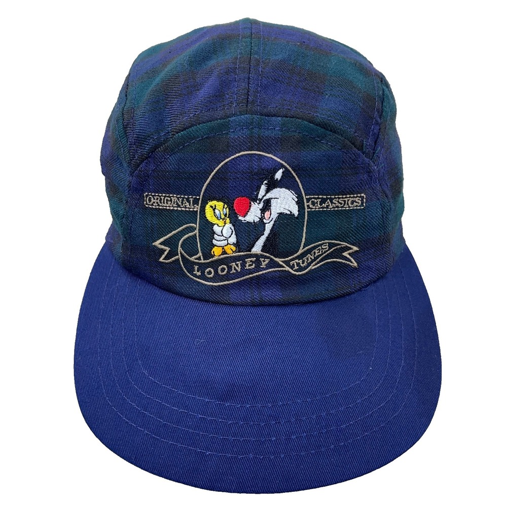 Vintage Looney Tunes Hat Cap 5 Panel Blue Tartan Plaid 90s Sylvester Womens
